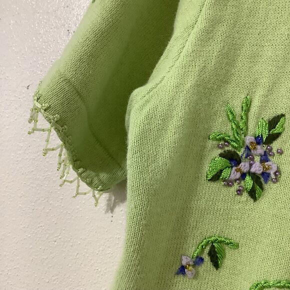 Vintage 90s Green Fairy Granny Cottagecore Grandma Wearable Art Knit Cardigan L - Picture 3 of 8